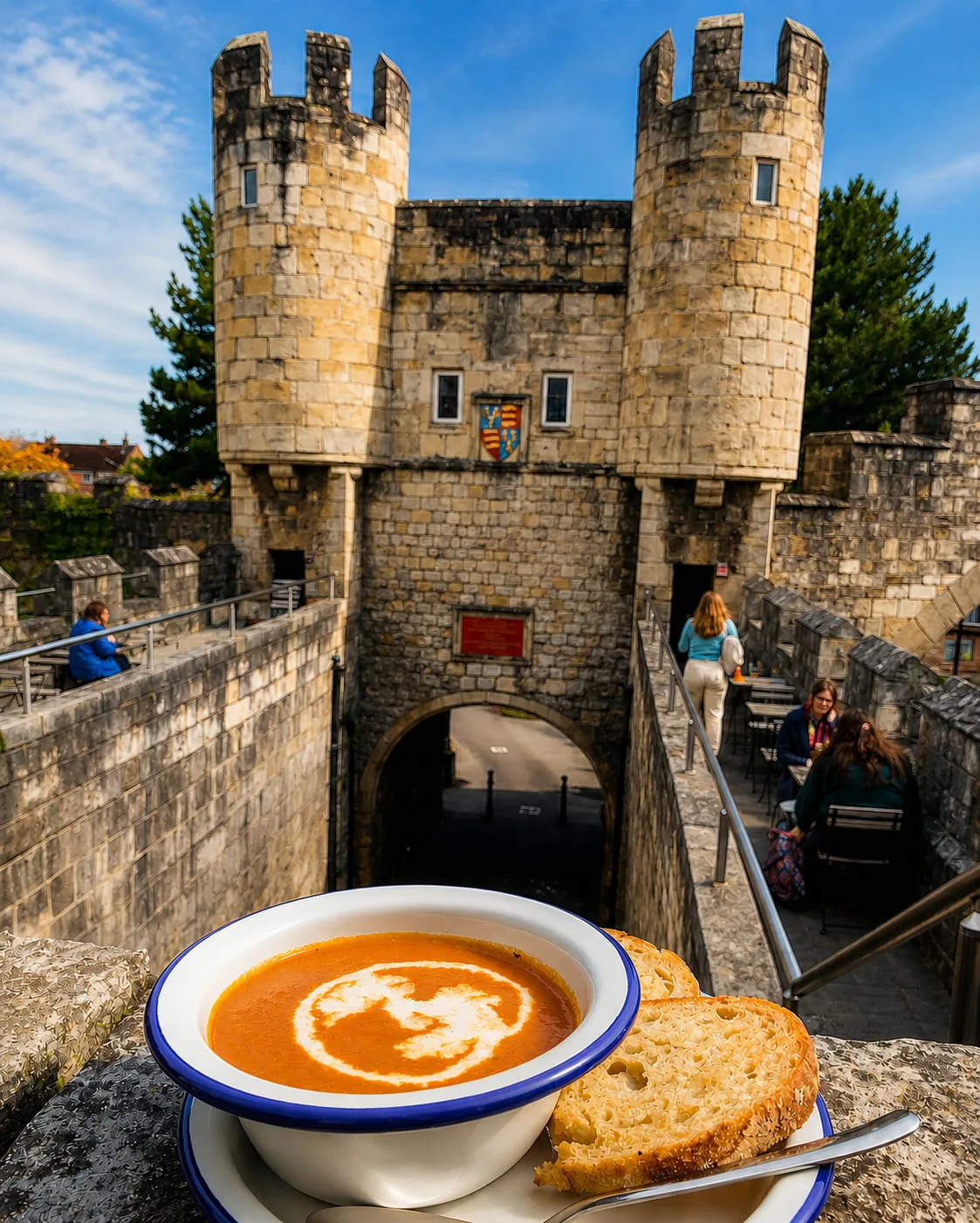 Soup and bread overlooking the historic Walmgate Bar gate