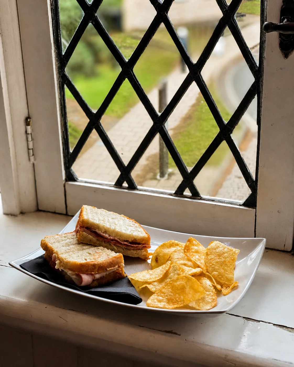Toasted sandwich by a leaded Gatehouse Coffee window