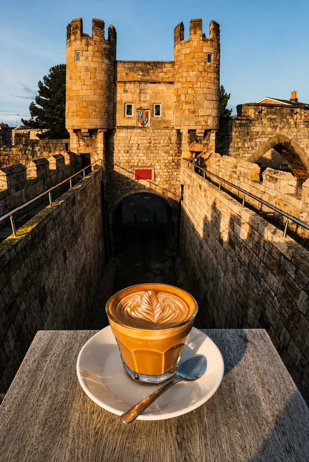 Latte served above the Walmgate Bar gatehouse