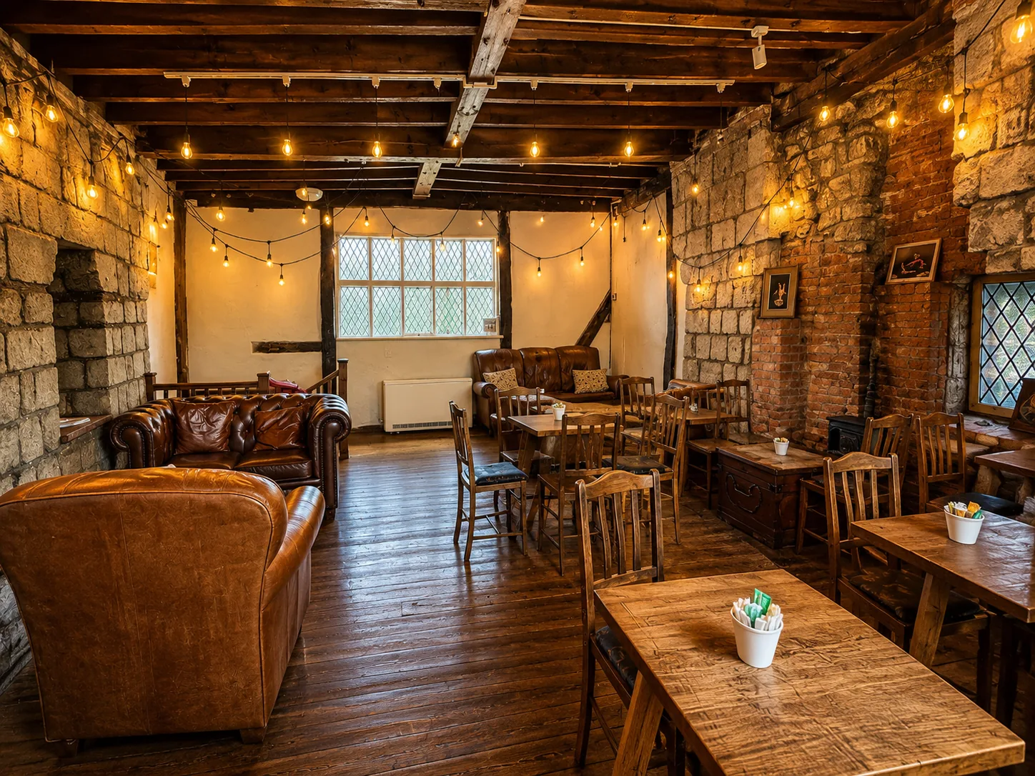 Warm Gatehouse Coffee interior with stone walls, timber beams and wooden tables