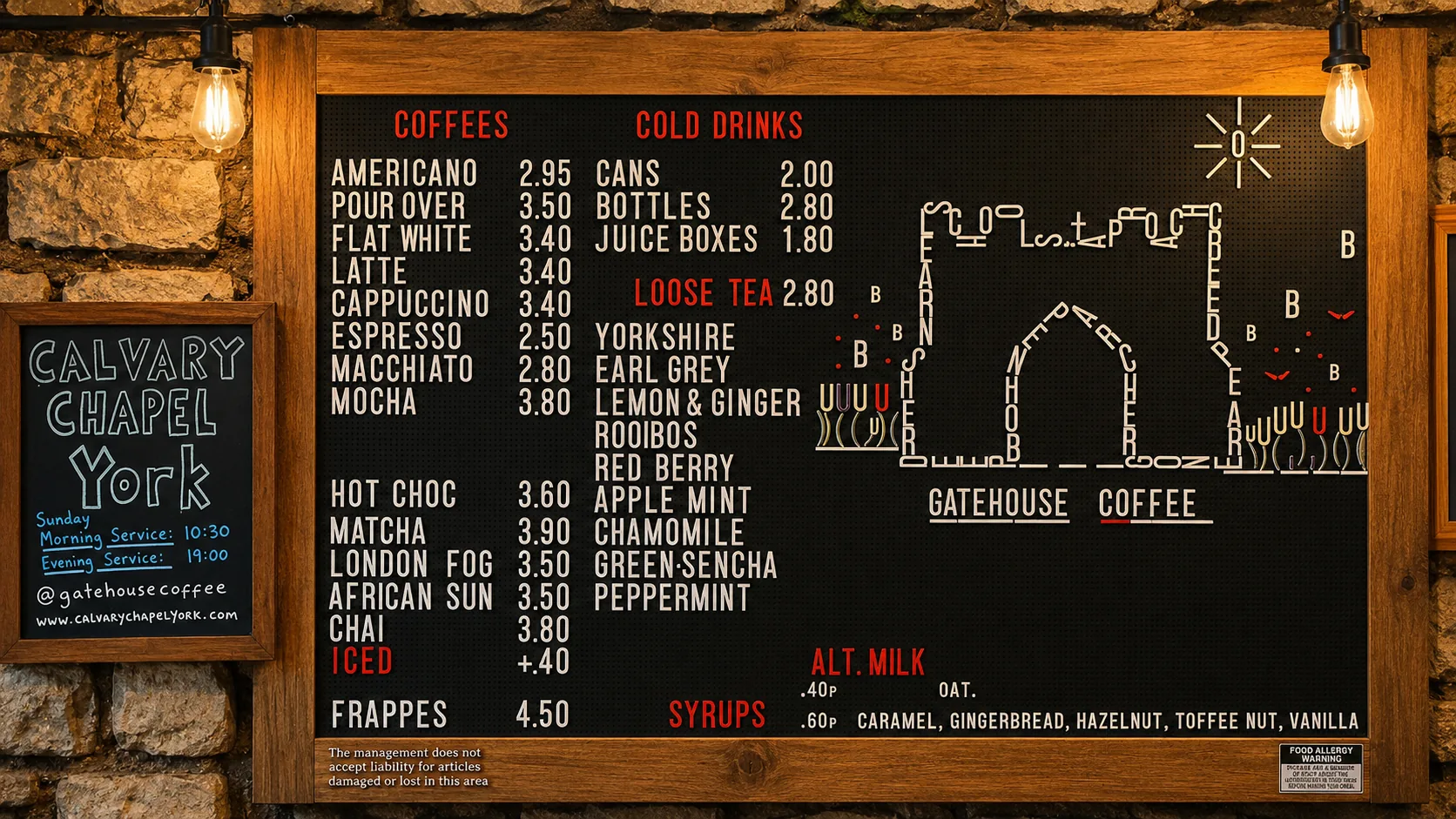 Gatehouse Coffee menu board against a stone wall